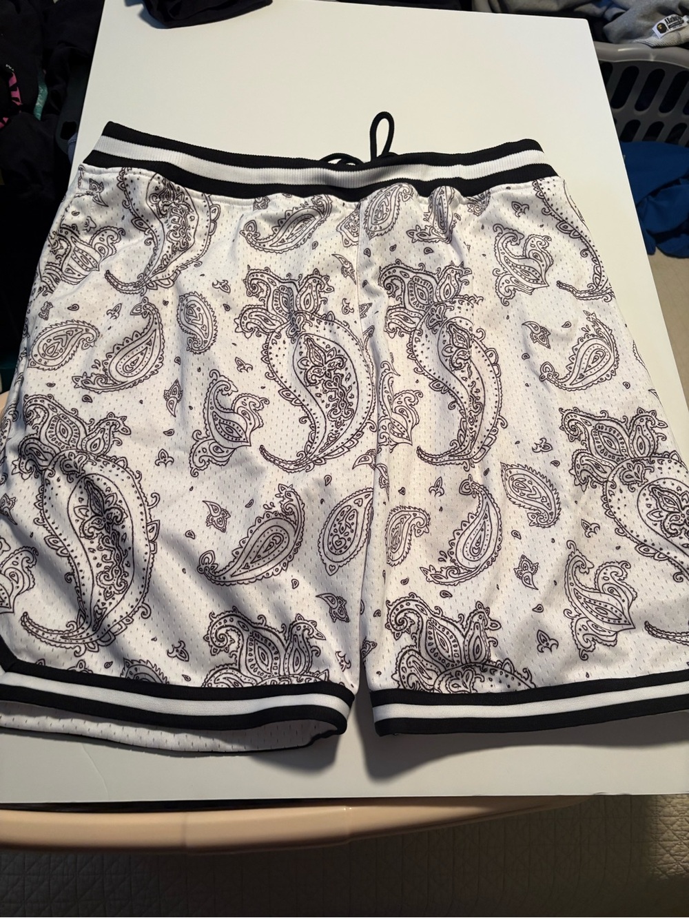 Men's White Paisley Athletic Shorts with Black Trim